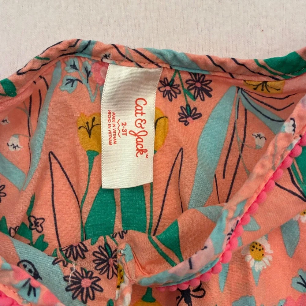Cat & Jack Girls Peach Pink Floral Pom Pom Swim Cover Up Top 2T-3T